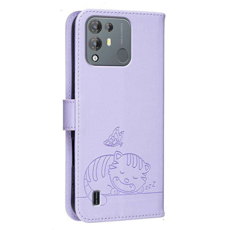 For Blackview A55 Pro Cat Butterfly Embossed RFID Vegan Leather Phone Case with Strap(Light Purple)