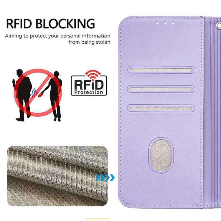 For Blackview A55 Pro Cat Butterfly Embossed RFID Vegan Leather Phone Case with Strap(Light Purple)
