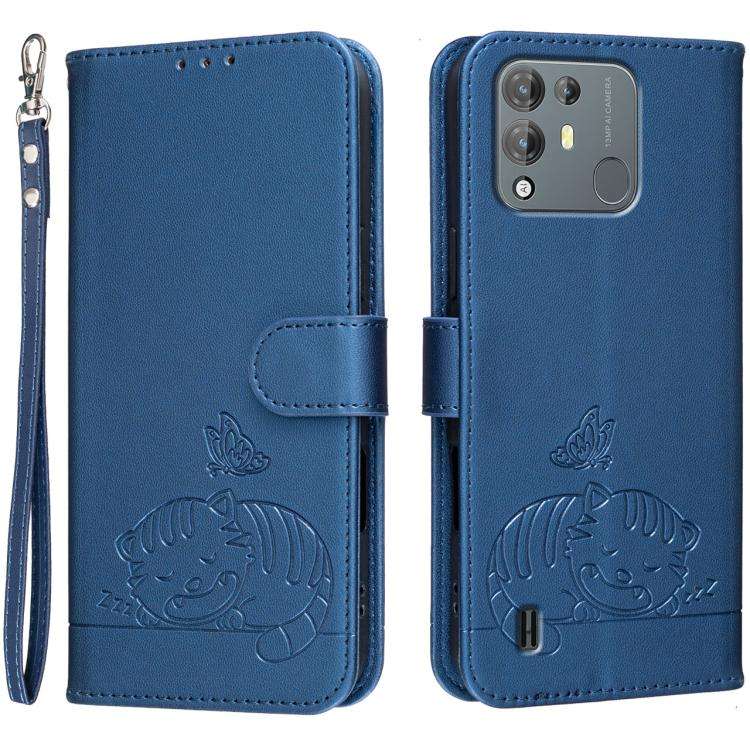 For Blackview A55 Pro Cat Butterfly Embossed RFID Vegan Leather Phone Case with Strap(Dark Blue)