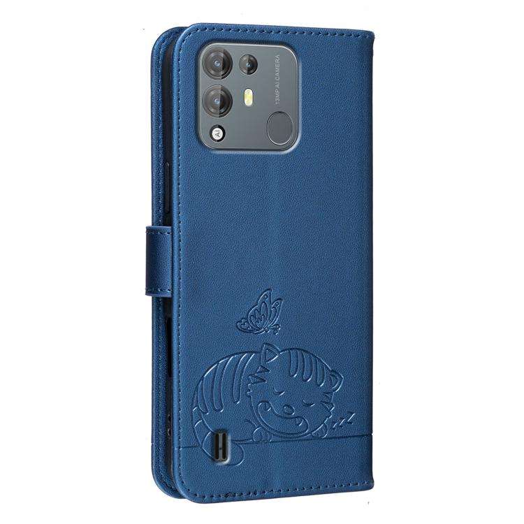 For Blackview A55 Pro Cat Butterfly Embossed RFID Vegan Leather Phone Case with Strap(Dark Blue)
