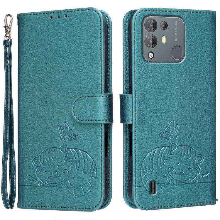 For Blackview A55 Pro Cat Butterfly Embossed RFID Vegan Leather Phone Case with Strap(Dark Green)