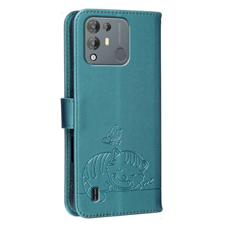 For Blackview A55 Pro Cat Butterfly Embossed RFID Vegan Leather Phone Case with Strap(Dark Green)