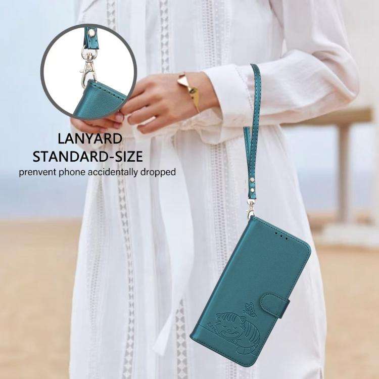 For Blackview A55 Pro Cat Butterfly Embossed RFID Vegan Leather Phone Case with Strap(Dark Green)