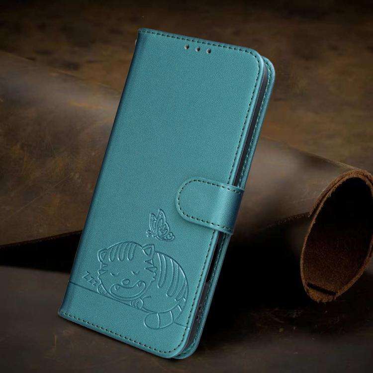 For Blackview A55 Pro Cat Butterfly Embossed RFID Vegan Leather Phone Case with Strap(Dark Green)