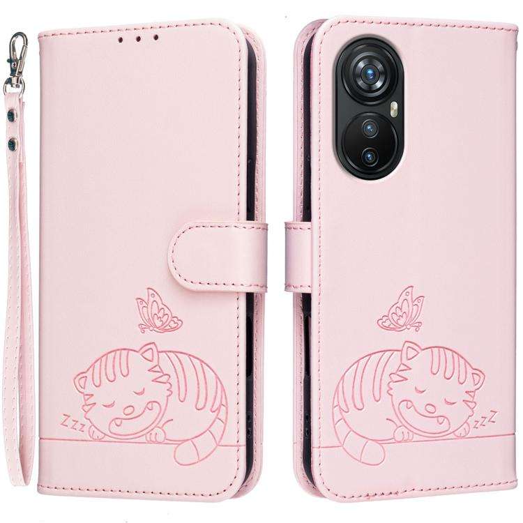 For Blackview A200 Pro Cat Butterfly Embossed RFID Vegan Leather Phone Case with Strap(Pink)
