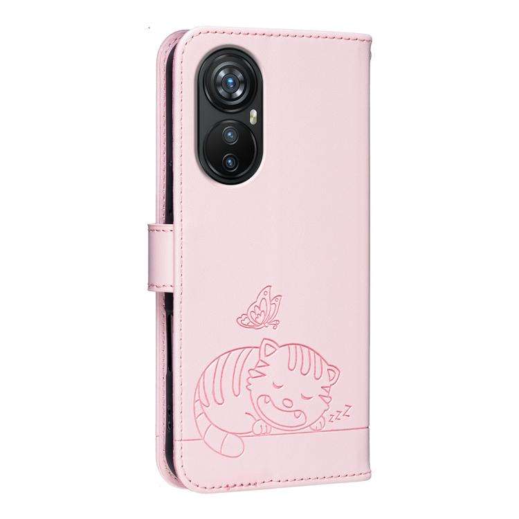 For Blackview A200 Pro Cat Butterfly Embossed RFID Vegan Leather Phone Case with Strap(Pink)
