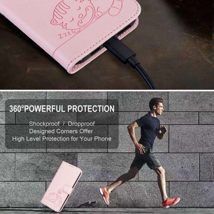 For Blackview A200 Pro Cat Butterfly Embossed RFID Vegan Leather Phone Case with Strap(Pink)