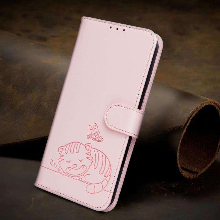 For Blackview A200 Pro Cat Butterfly Embossed RFID Vegan Leather Phone Case with Strap(Pink)