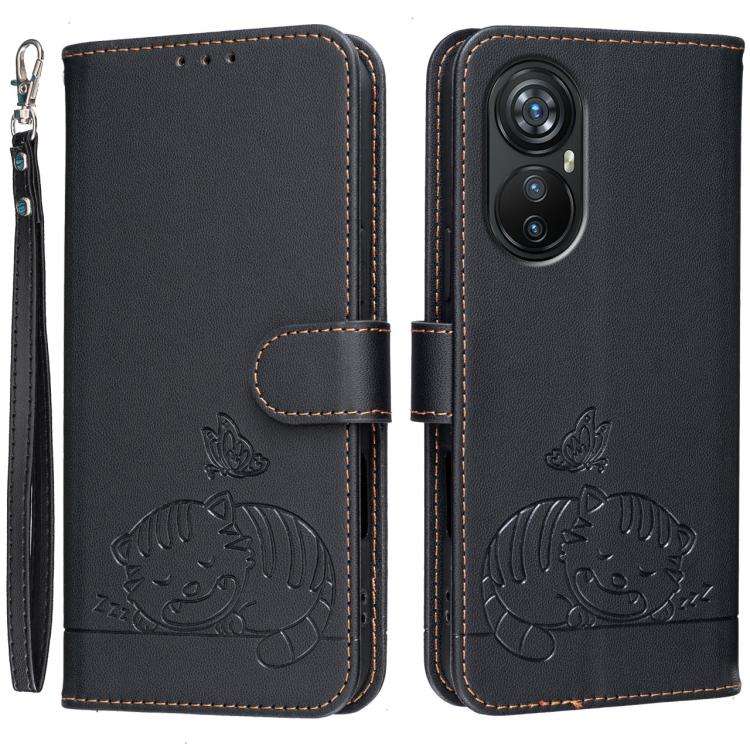 For Blackview A200 Pro Cat Butterfly Embossed RFID Vegan Leather Phone Case with Strap(Black)