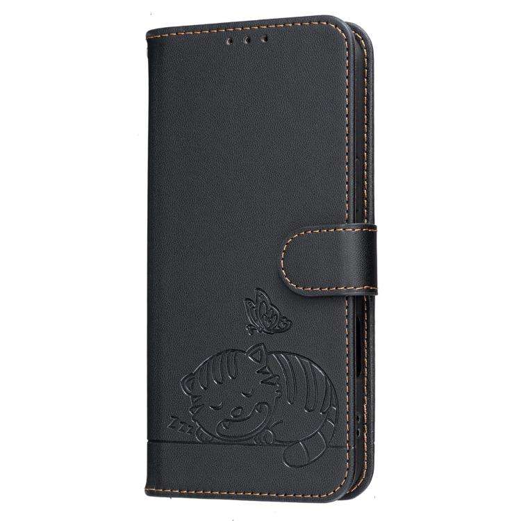 For Blackview A200 Pro Cat Butterfly Embossed RFID Vegan Leather Phone Case with Strap(Black)