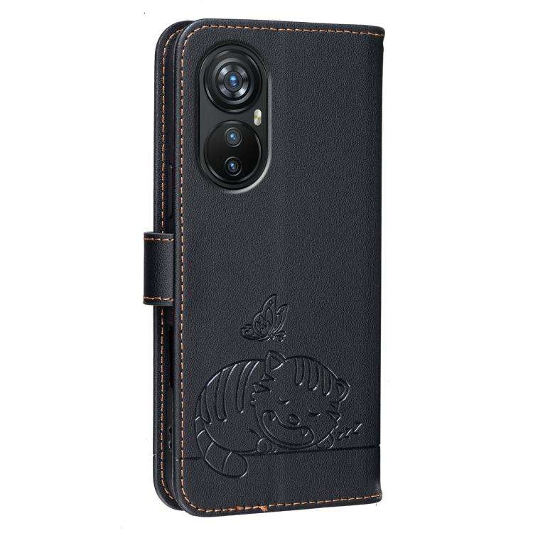 For Blackview A200 Pro Cat Butterfly Embossed RFID Vegan Leather Phone Case with Strap(Black)