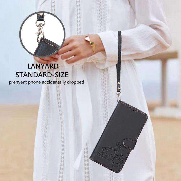 For Blackview A200 Pro Cat Butterfly Embossed RFID Vegan Leather Phone Case with Strap(Black)