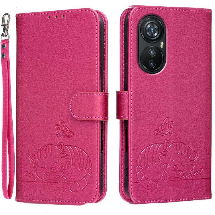 For Blackview A200 Pro Cat Butterfly Embossed RFID Vegan Leather Phone Case with Strap(Rose Red)