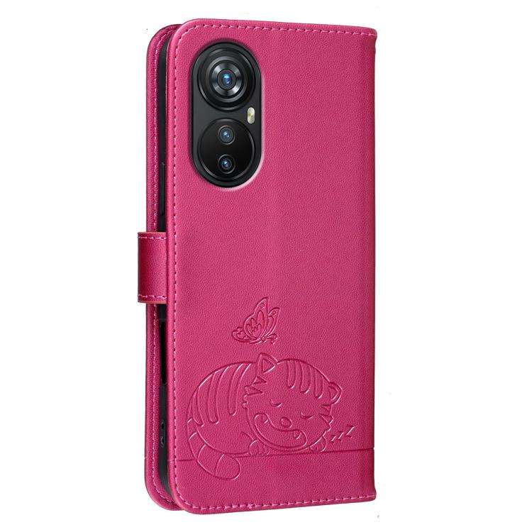 For Blackview A200 Pro Cat Butterfly Embossed RFID Vegan Leather Phone Case with Strap(Rose Red)