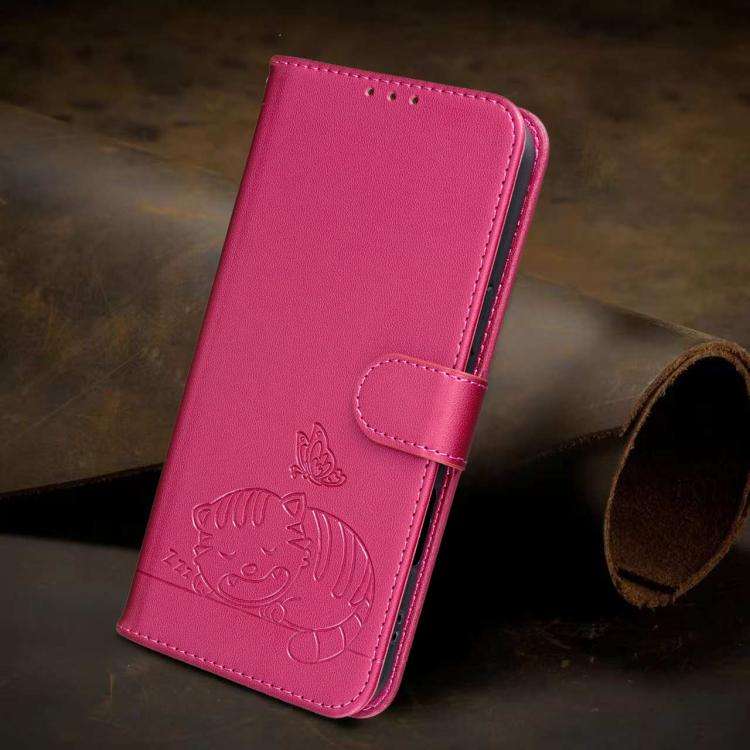 For Blackview A200 Pro Cat Butterfly Embossed RFID Vegan Leather Phone Case with Strap(Rose Red)