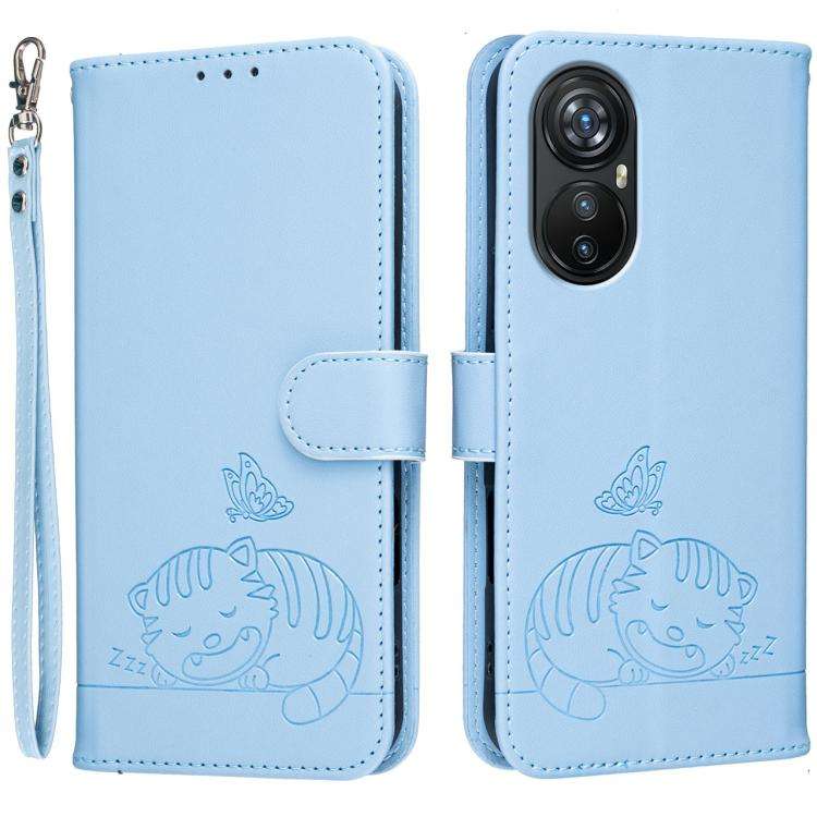 For Blackview A200 Pro Cat Butterfly Embossed RFID Vegan Leather Phone Case with Strap(Light Blue)