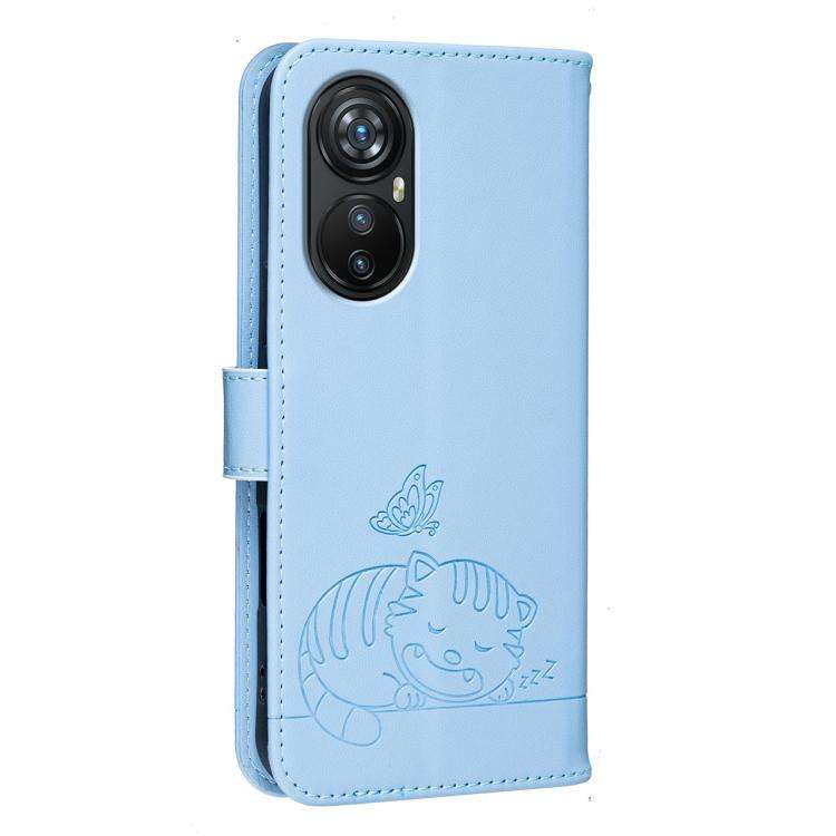 For Blackview A200 Pro Cat Butterfly Embossed RFID Vegan Leather Phone Case with Strap(Light Blue)
