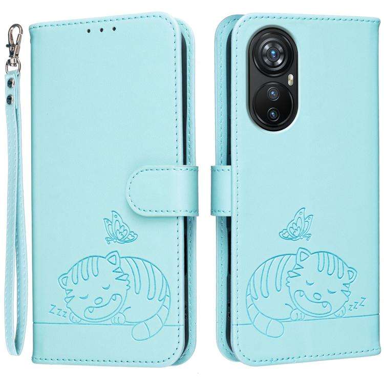 For Blackview A200 Pro Cat Butterfly Embossed RFID Vegan Leather Phone Case with Strap(Light Green)