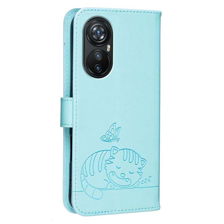 For Blackview A200 Pro Cat Butterfly Embossed RFID Vegan Leather Phone Case with Strap(Light Green)