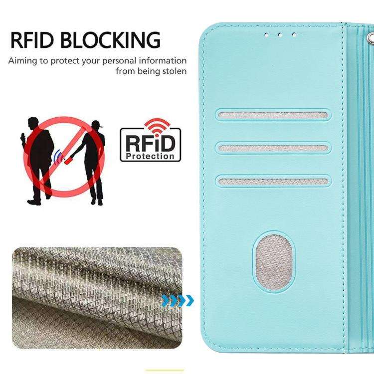 For Blackview A200 Pro Cat Butterfly Embossed RFID Vegan Leather Phone Case with Strap(Light Green)
