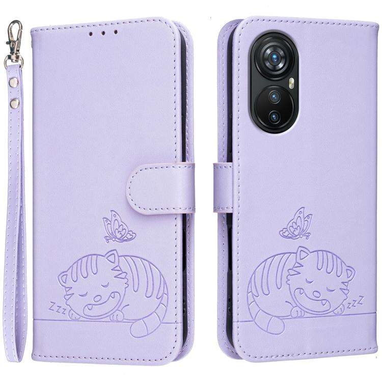 For Blackview A200 Pro Cat Butterfly Embossed RFID Vegan Leather Phone Case with Strap(Light Purple)