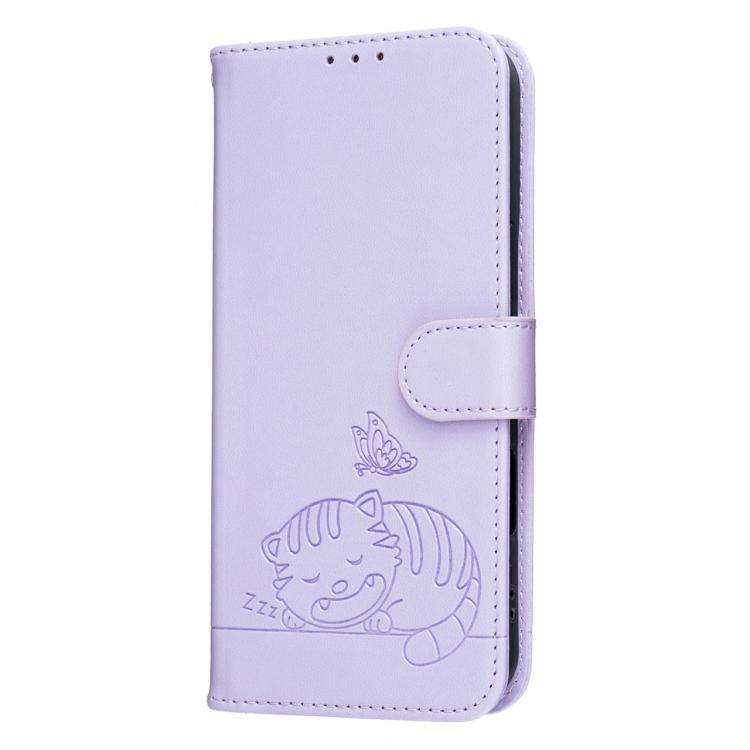 For Blackview A200 Pro Cat Butterfly Embossed RFID Vegan Leather Phone Case with Strap(Light Purple)