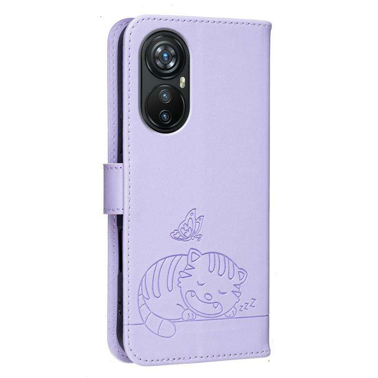 For Blackview A200 Pro Cat Butterfly Embossed RFID Vegan Leather Phone Case with Strap(Light Purple)