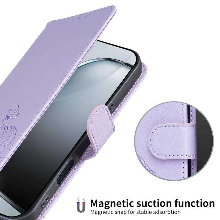 For Blackview A200 Pro Cat Butterfly Embossed RFID Vegan Leather Phone Case with Strap(Light Purple)