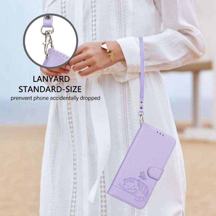 For Blackview A200 Pro Cat Butterfly Embossed RFID Vegan Leather Phone Case with Strap(Light Purple)