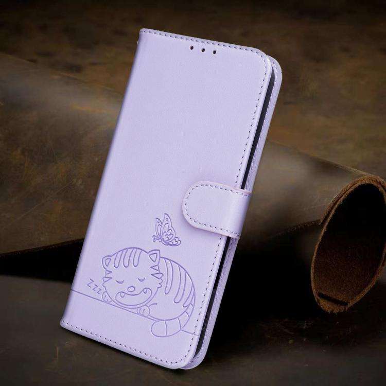 For Blackview A200 Pro Cat Butterfly Embossed RFID Vegan Leather Phone Case with Strap(Light Purple)