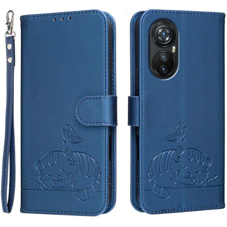 For Blackview A200 Pro Cat Butterfly Embossed RFID Vegan Leather Phone Case with Strap(Dark Blue)