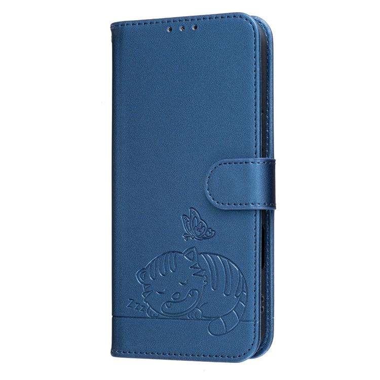 For Blackview A200 Pro Cat Butterfly Embossed RFID Vegan Leather Phone Case with Strap(Dark Blue)