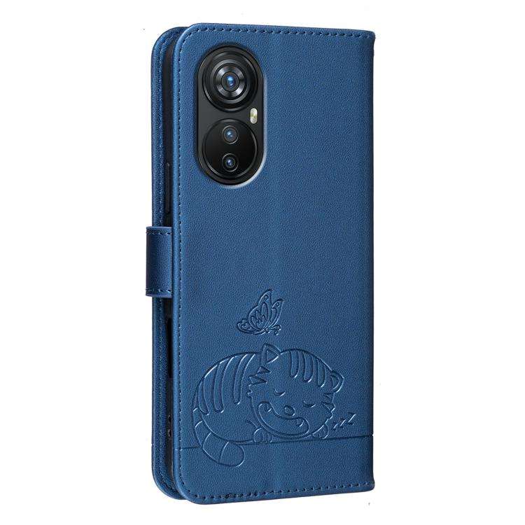 For Blackview A200 Pro Cat Butterfly Embossed RFID Vegan Leather Phone Case with Strap(Dark Blue)