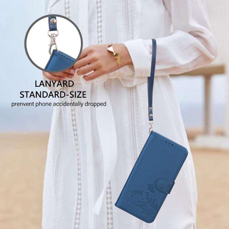 For Blackview A200 Pro Cat Butterfly Embossed RFID Vegan Leather Phone Case with Strap(Dark Blue)