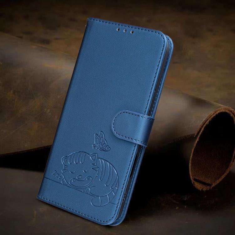 For Blackview A200 Pro Cat Butterfly Embossed RFID Vegan Leather Phone Case with Strap(Dark Blue)