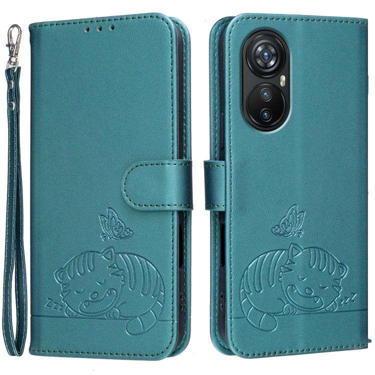 For Blackview A200 Pro Cat Butterfly Embossed RFID Vegan Leather Phone Case with Strap(Dark Green)