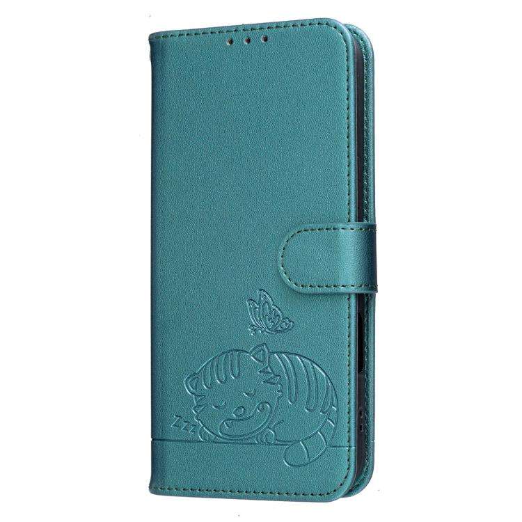 For Blackview A200 Pro Cat Butterfly Embossed RFID Vegan Leather Phone Case with Strap(Dark Green)
