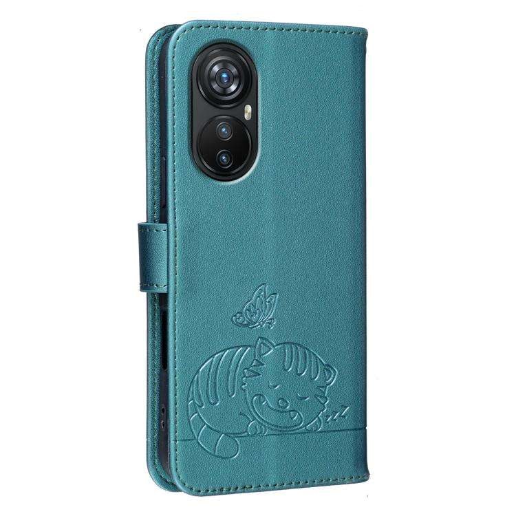 For Blackview A200 Pro Cat Butterfly Embossed RFID Vegan Leather Phone Case with Strap(Dark Green)