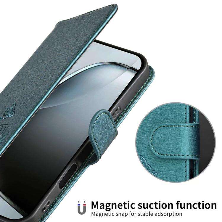 For Blackview A200 Pro Cat Butterfly Embossed RFID Vegan Leather Phone Case with Strap(Dark Green)