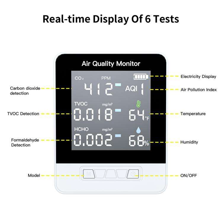 DA10 6-in-1 Smart Air Quality Monitor with 2.8-inch LCD Screen(White)