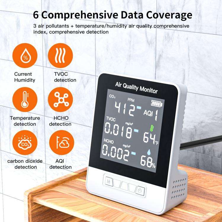 DA10 6-in-1 Smart Air Quality Monitor with 2.8-inch LCD Screen(White)