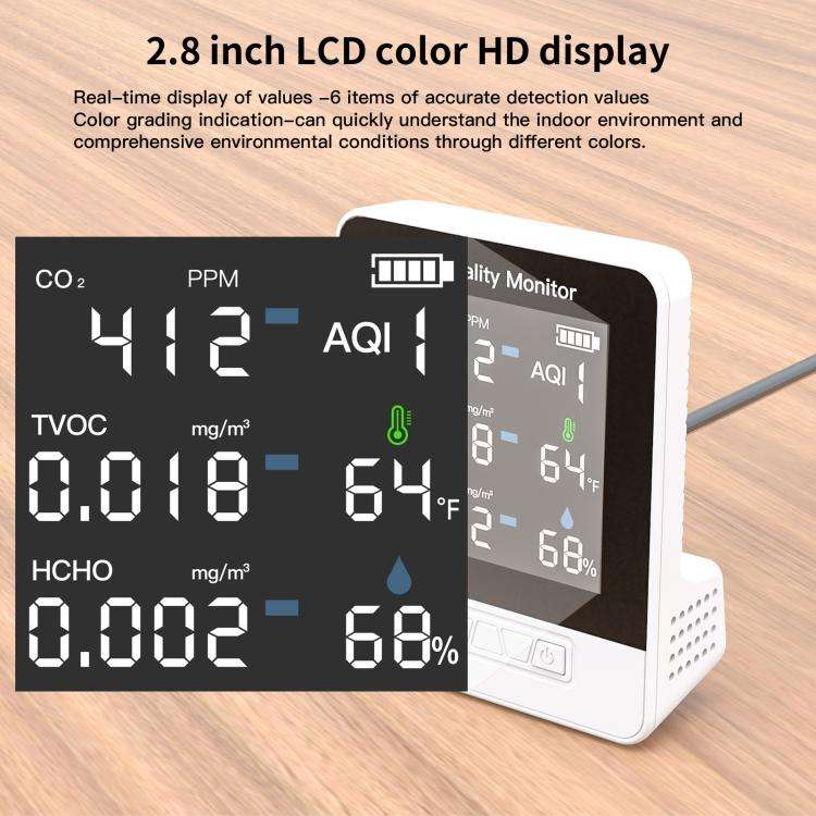 DA10 6-in-1 Smart Air Quality Monitor with 2.8-inch LCD Screen(White)