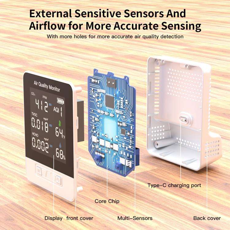 DA10 6-in-1 Smart Air Quality Monitor with 2.8-inch LCD Screen(White)