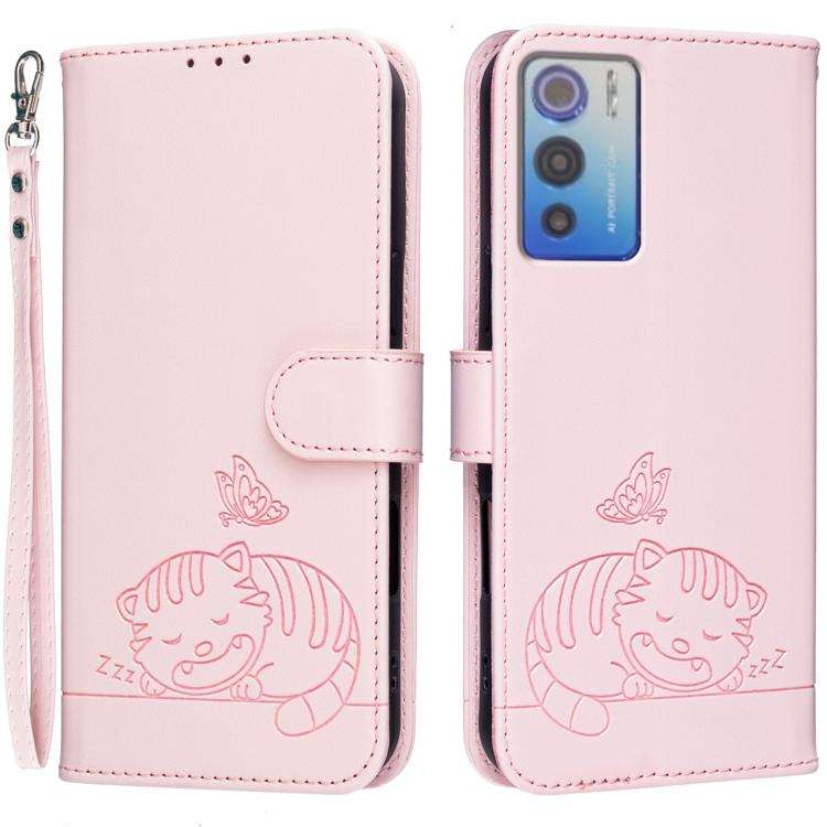 For DOOGEE N60 Pro Cat Butterfly Embossed RFID Vegan Leather Phone Case with Strap(Pink)