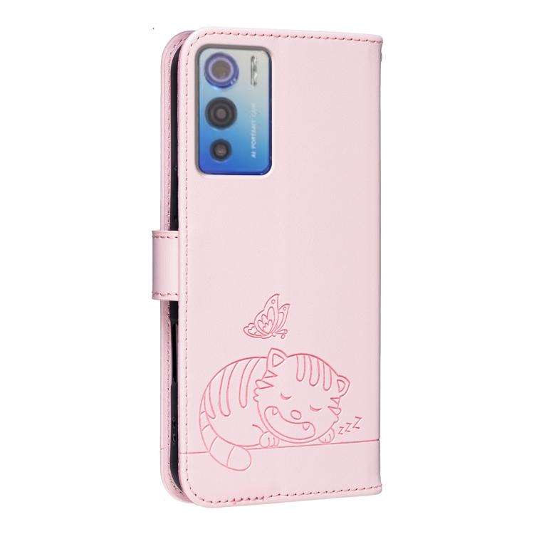 For DOOGEE N60 Pro Cat Butterfly Embossed RFID Vegan Leather Phone Case with Strap(Pink)