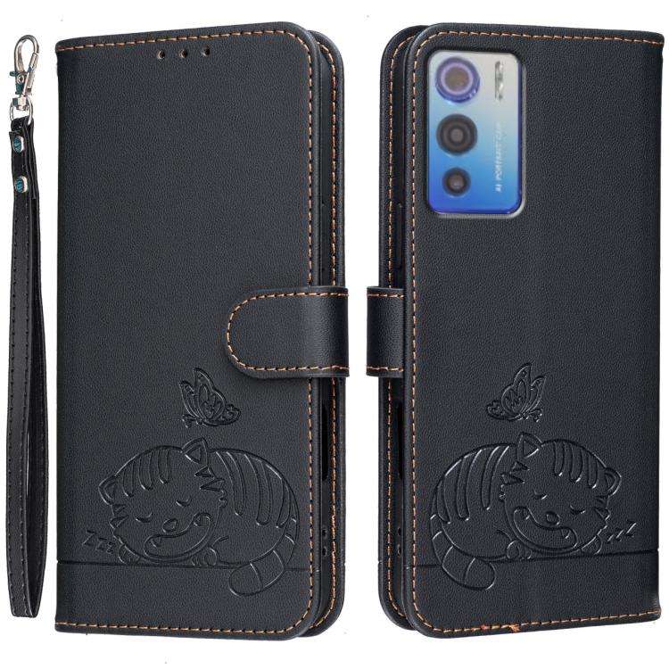 For DOOGEE N60 Pro Cat Butterfly Embossed RFID Vegan Leather Phone Case with Strap(Black)