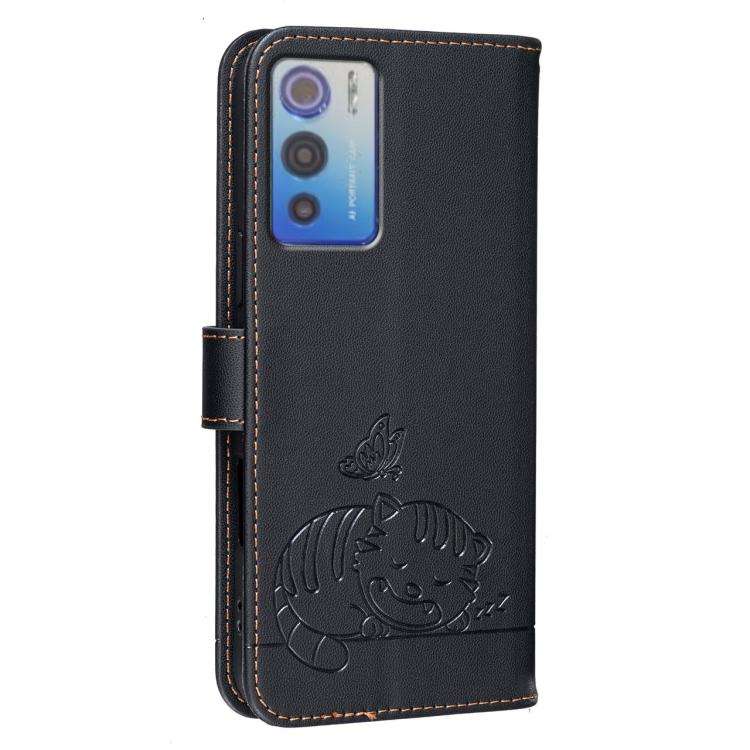 For DOOGEE N60 Pro Cat Butterfly Embossed RFID Vegan Leather Phone Case with Strap(Black)