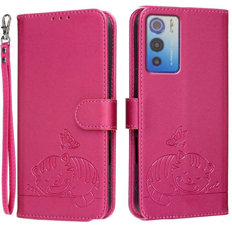 For DOOGEE N60 Pro Cat Butterfly Embossed RFID Vegan Leather Phone Case with Strap(Rose Red)