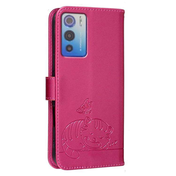 For DOOGEE N60 Pro Cat Butterfly Embossed RFID Vegan Leather Phone Case with Strap(Rose Red)
