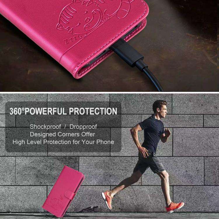 For DOOGEE N60 Pro Cat Butterfly Embossed RFID Vegan Leather Phone Case with Strap(Rose Red)